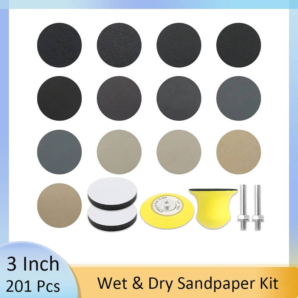 3 Inch Wet & Dry Sandpaper Kit 201 Pcs with Backing Pad and Soft Foam Buffering Pad 60 to 10000 Grits for Grinding Car Metaling