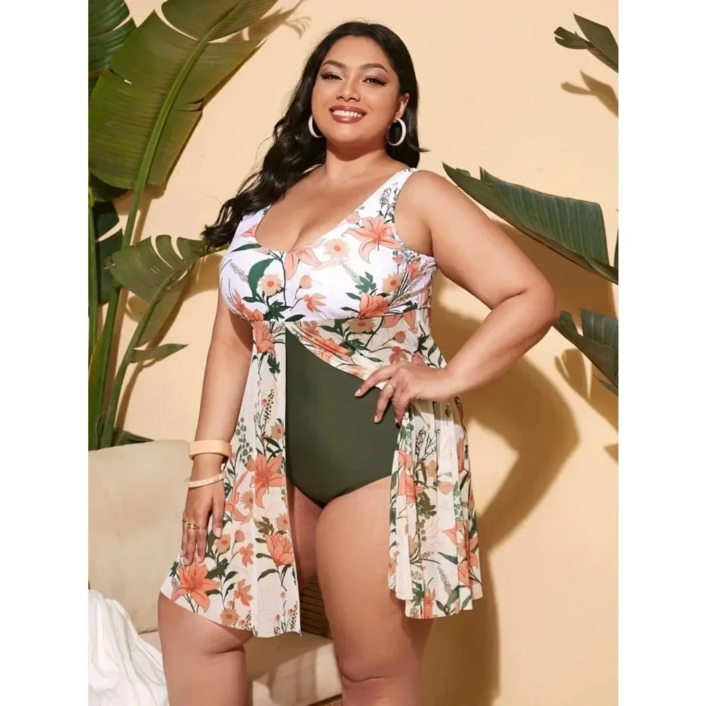 The New 2024 Plus Fat Size Cover Up Curve Swimsuit Plus Slimming Conservative Print Dress One-piece Bikini Beach Dress