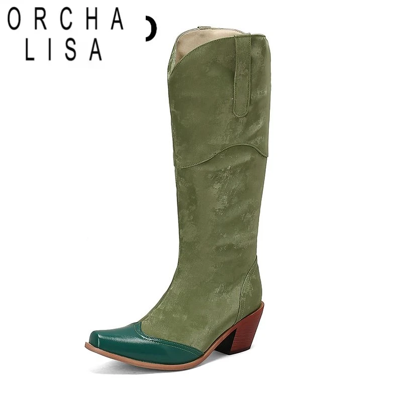 

ORCHA LISA Fashion Women Western Boots Square Toe Block Heels 6cm Flock Suede Slip On Mixed Color Large Size 46 47 48 Cowboy Bot