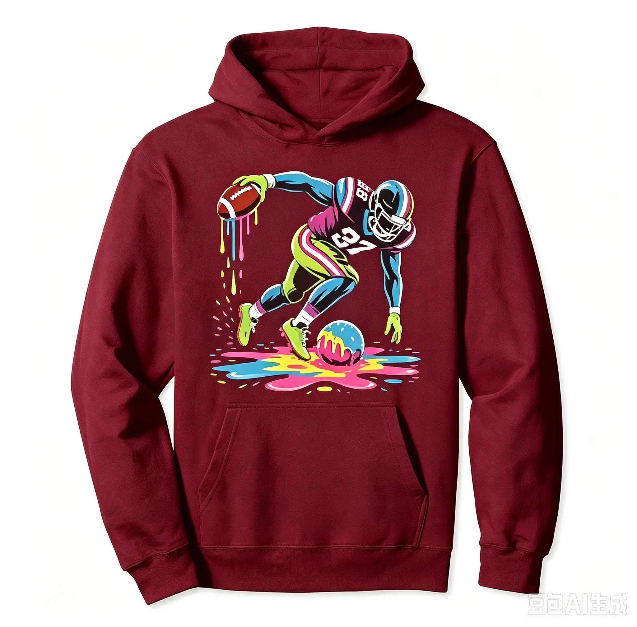 Colorful Dripping Paint American Football Player Graphic Hoodie, Vibrant Pop Art Football Player Unisex Pullover Hoodie For Spor