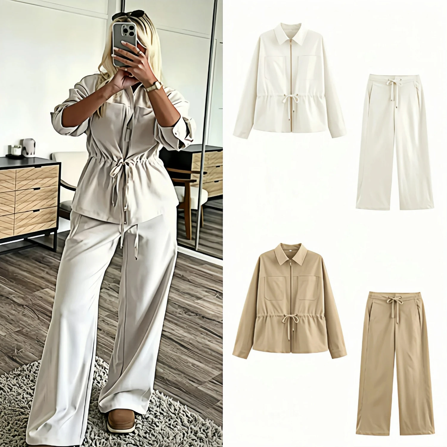 Autumn 2026 Fashion Womens 2 Piece Set Lapel Jacket Drawstring Wide Leg Pants Pocket Adjustable Waist Casual Chic Matching Set