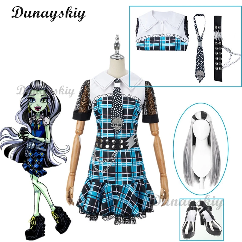 Monster High Frankie Stein Cosplay Costume Wig Womens Halloween Carnival Roleplay Blue Lace Dress Shoes