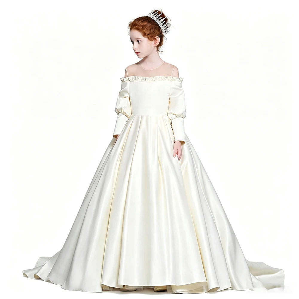 Off Shoulder Long Sleeve Backless Pageant Evening Party Floor Length Dress For Girls Princess Kids Catwalk Model Show Dresses