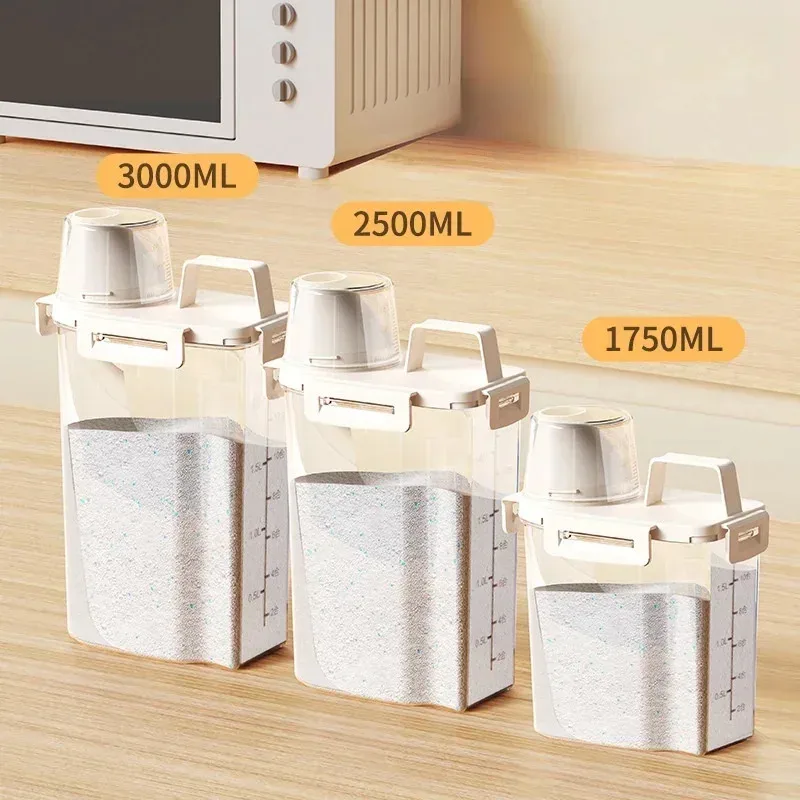 Frasco de armazenamento de líquido de lavanderia hermético dispensador portátil de pó de lavagem com copo de medição para lavanderia conveniente e eficiente