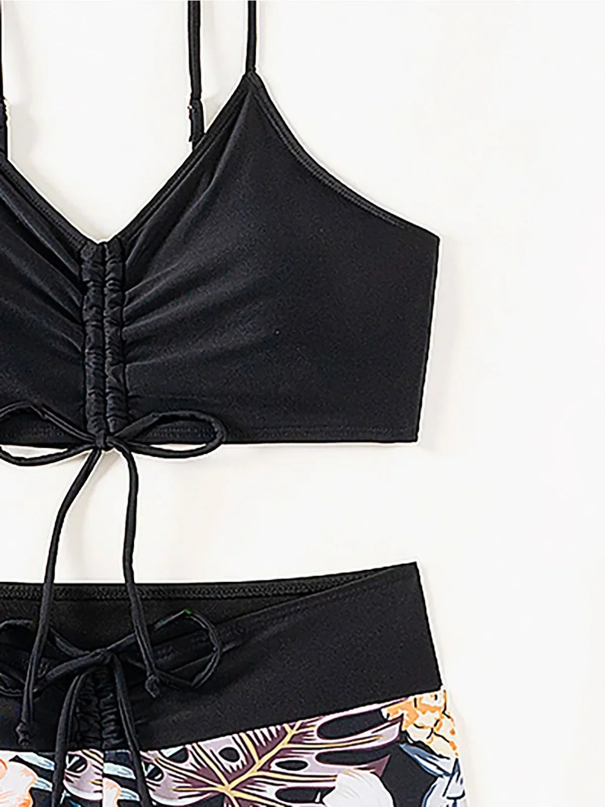 Traje de baño de tres piezas con estampado de flores para mujer, traje de baño de malla de manga larga con protección solar, conjunto de Bikini de cintura alta con cordones, novedad de 2024