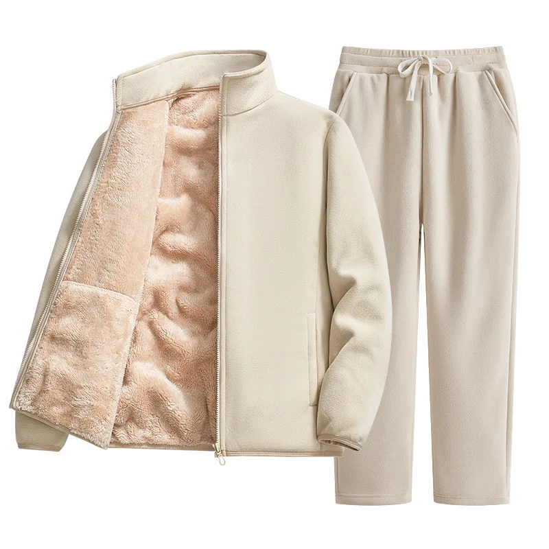 Winter men's and women's wool hooded long pants set, warm and cold resistant thick sportswear two-piece set, casual sportswear