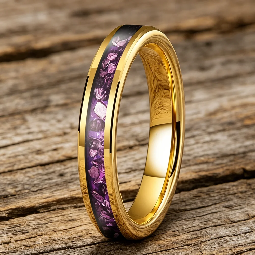 4mm Wolframringe mit Lila Edelstein-Einlage, Modeschmuck, Verlobungs- und Eheringe für Männer und Frauen, Poliert Glänzend, Komfortabler Sitz – Detail 13
