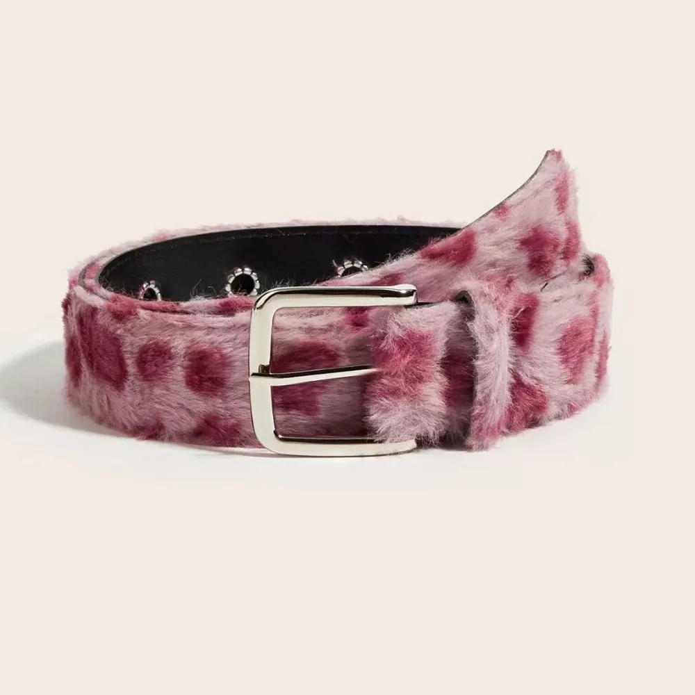 Cinturón con estampado de leopardo de peluche Y2K para mujer, faja para chicas, accesorios vaqueros versátiles, pretina con hebilla de Pu, color rosa y blanco