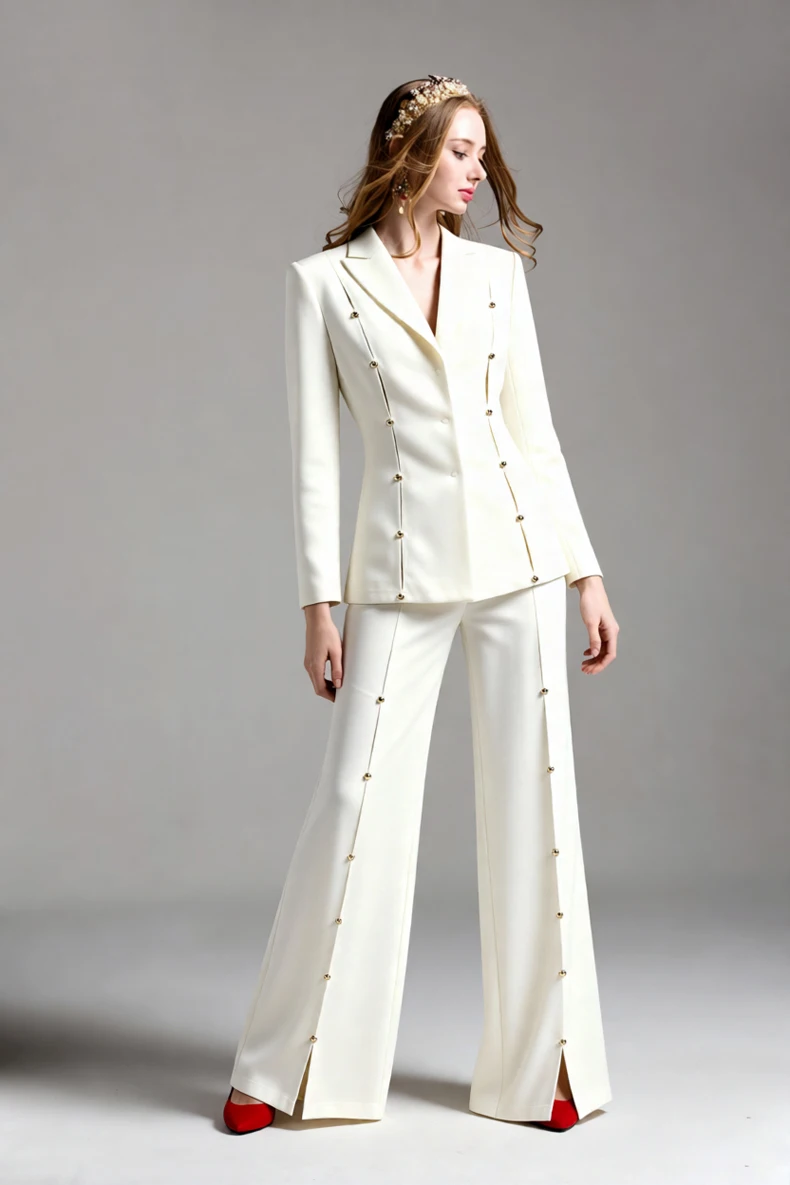 Women's White Blazer & Maxi Pants 2 Piece Suit Set - Elegant Crystal Button Long Sleeve Formal Pant Suit for Office, Party