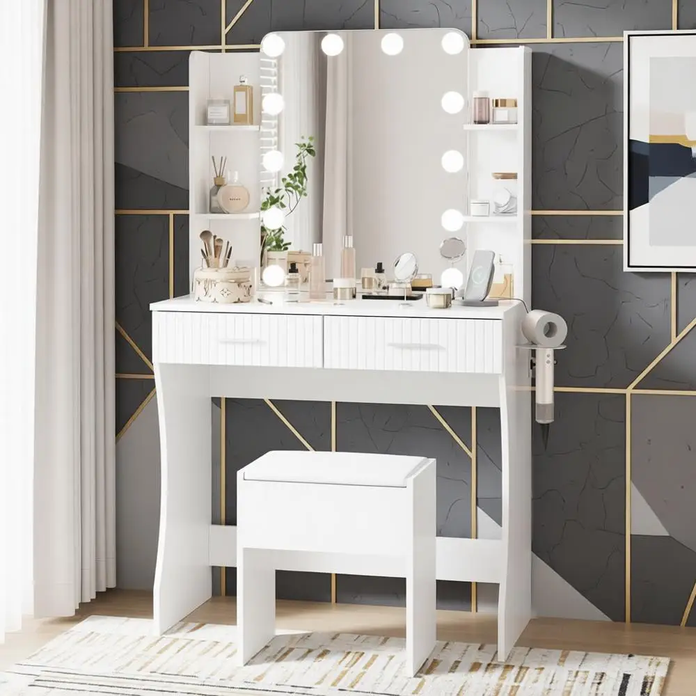 مكتب مكياج أبيض مضاء بإضاءة LED مع إضاءة قابلة للتعديل وأدراج تخزين وأرفف، كامل مع مقعد #1