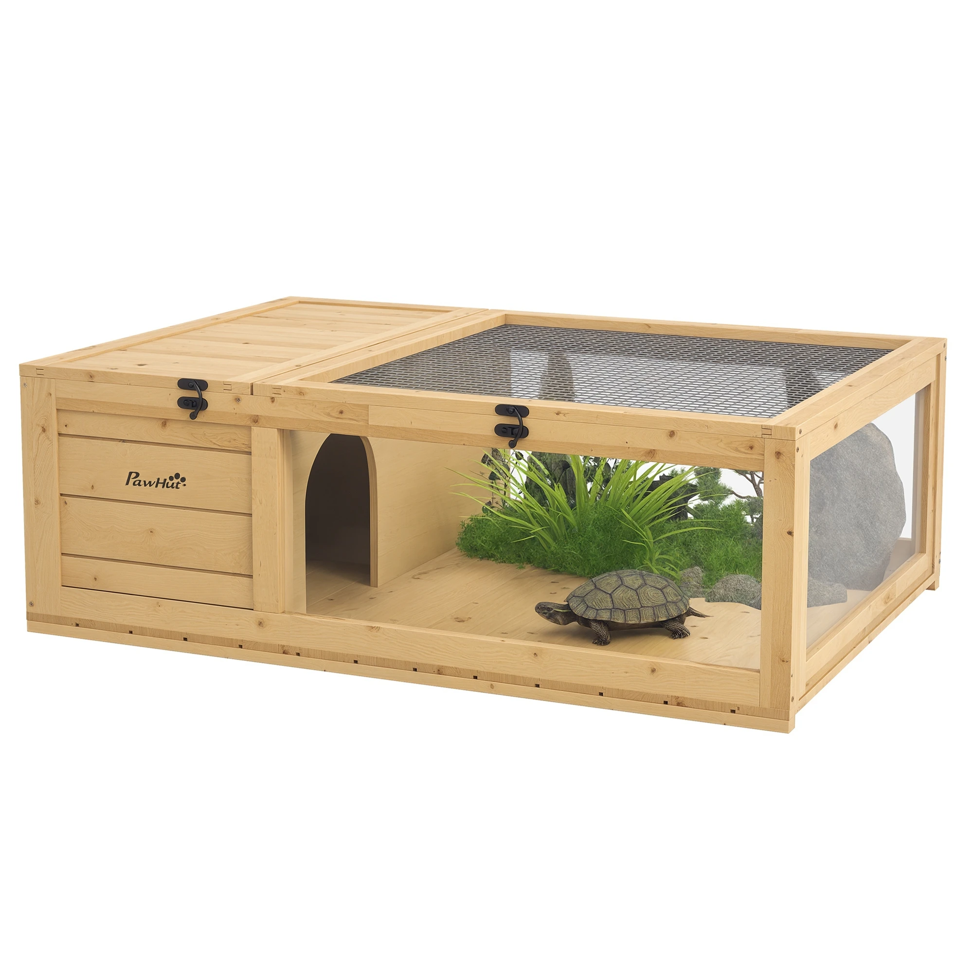 Casa para Tortugas de Madera con Techo de Malla y Paneles Laterales Transparentes Extraíbles 91x60,5x32 cm