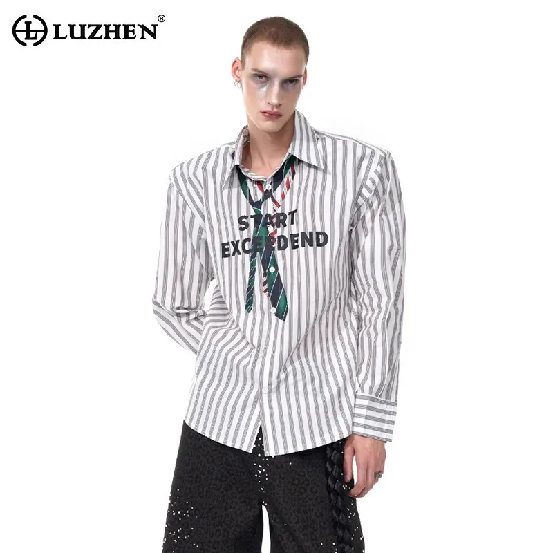 

LUZHEN Original Necktie Decorate Stripe Printed Letter Loose Long Sleeve Shirts Men 2025 Autumn New Fashion Handsome Tops JY3822
