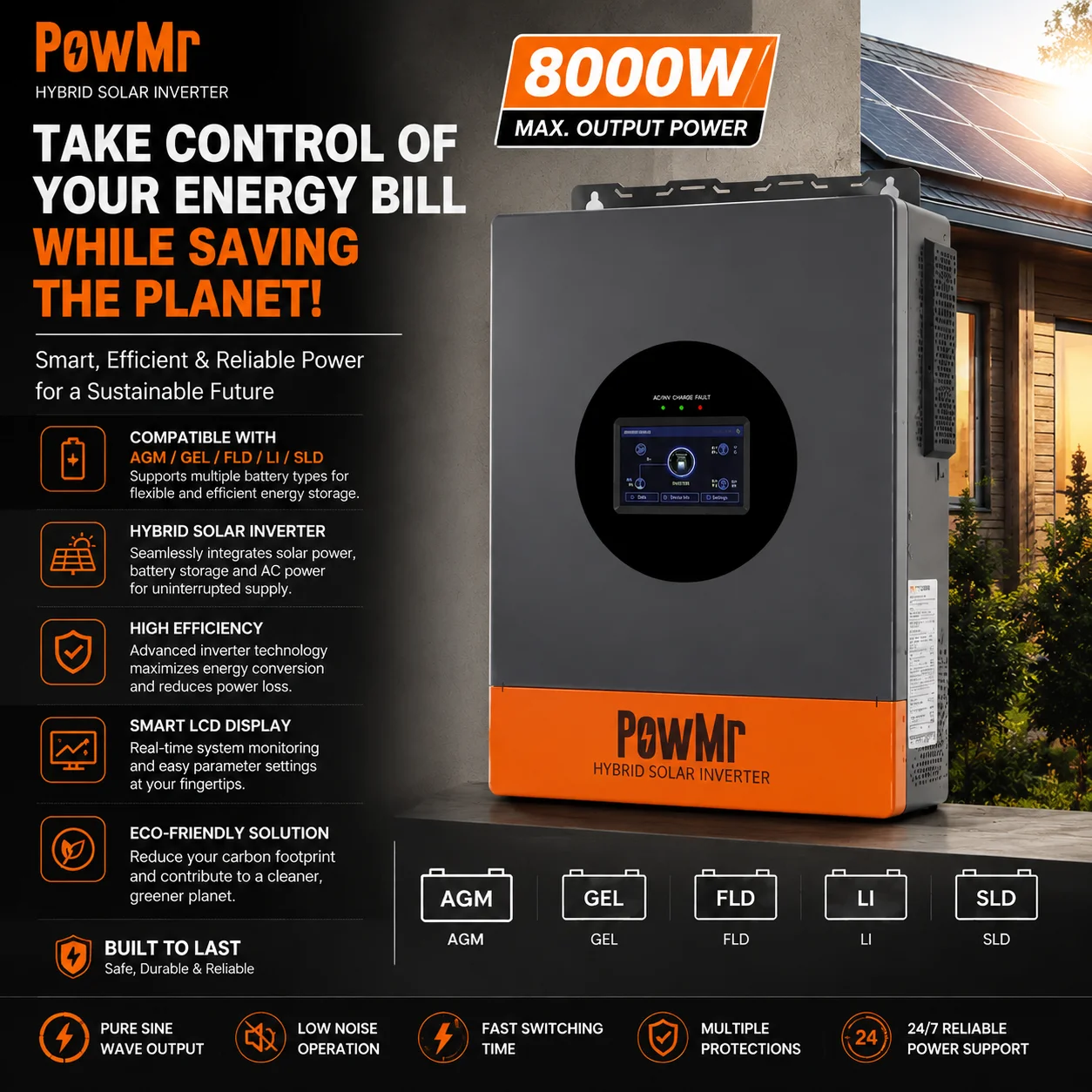 PowMr 8KW Hybrid Solar Inverter 48V 120/240V Split Phase Off Grid MPPT Charger Support 6 Units Parallel for Lithium Lead Acid Battery Solar Power Inverter SunSmart Series