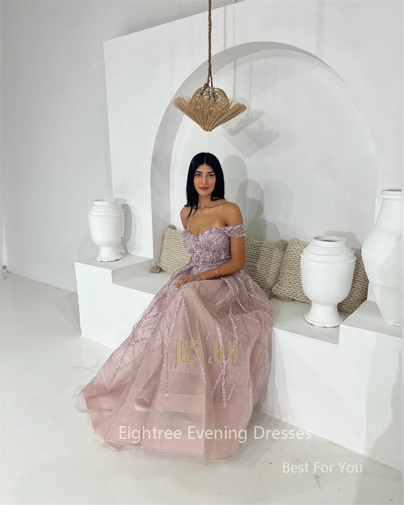 Eightree Pink Shiny Sequins A Line Party Dresses Saudi Arabic Sweetheart Off Shoulder Dubai Evening Dress Special Occasion Gowns