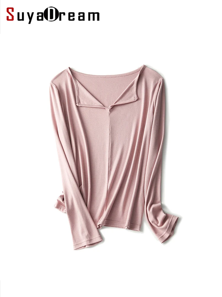 SuyaDream Women Solid T Shirt Wool Silk Blend Square Neck Long Sleeved Basic Tee 2025 Fall Winter New Tops Grey Red