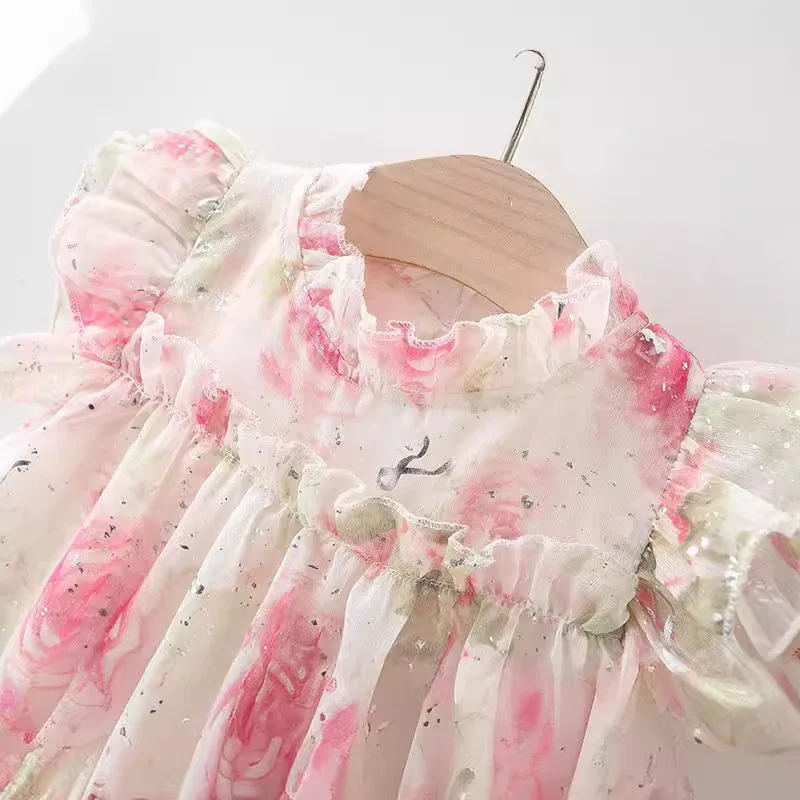 Summer girl dress baby girl flower and leaf embroidered collar patchwork lace bubble sleeves princess dress