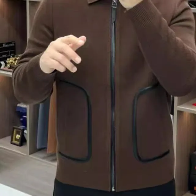 

Весна-осень 2024, мужской вязаный кардиган с джатовым воротником, удобный универсальный модный ретро-стойка, деловой джентльмен