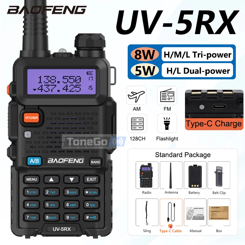 Baofeng UV-5RX Walkie Talkie 5/8W Power AM FM Multi-Band Type-C Wireless Copy Frequency Long Range Portable Handheld TwoWayRadio