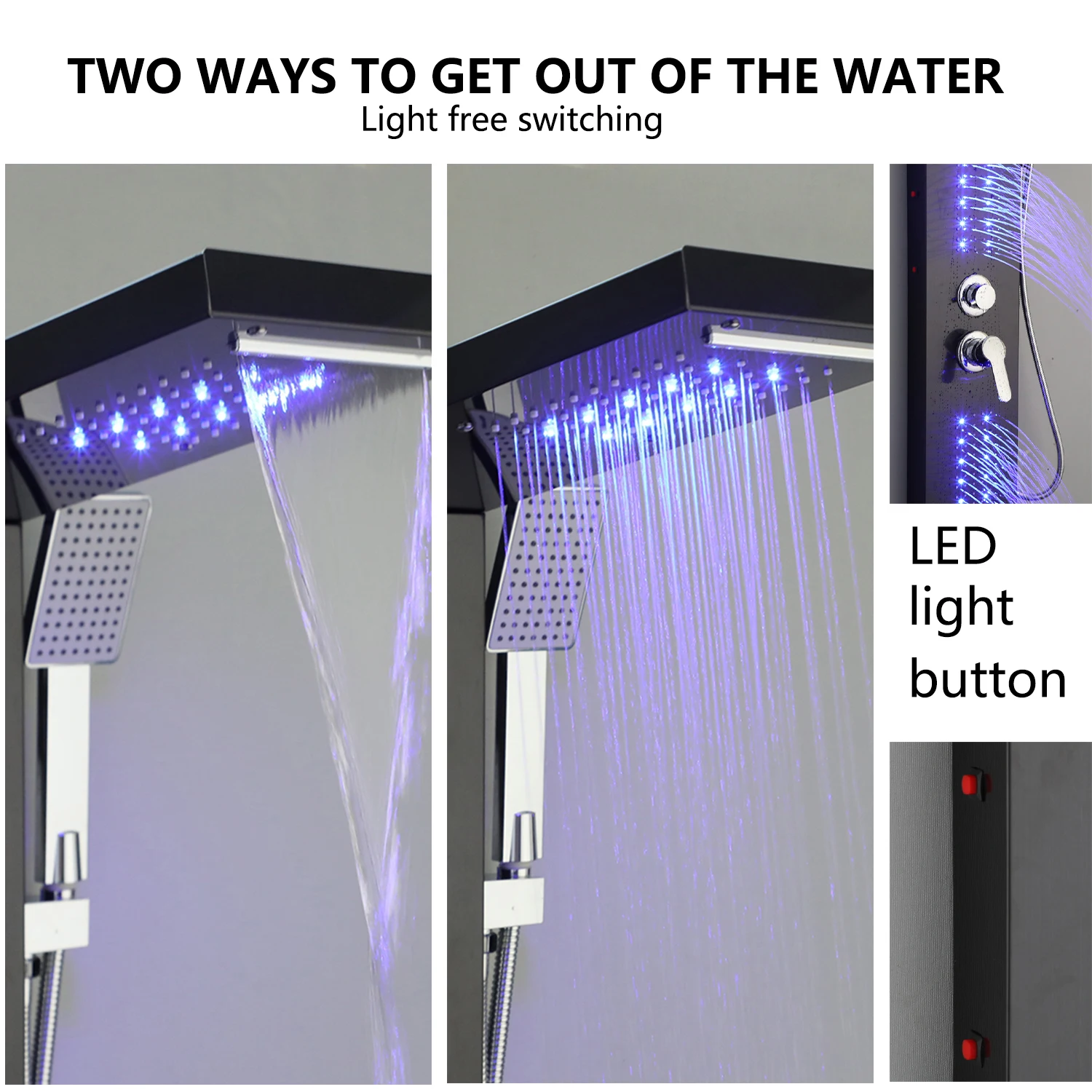 KEMAIDI Stainless Steel Shower Panel Tower System LED Shower Head 5-Function Faucet Rain Massage System with Body Jets Shower