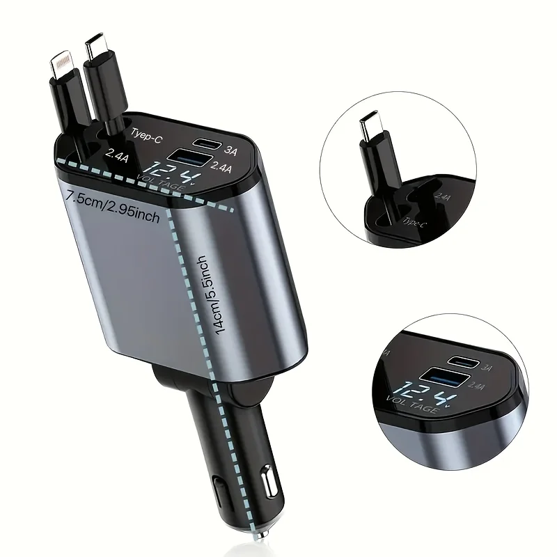 4 In 1 Fast Car Phone Charger, 180 °   Free Adjustment Direction, 2.6 Ft Retractable Cord USB C Port, For Ios And Type C Phone view 2