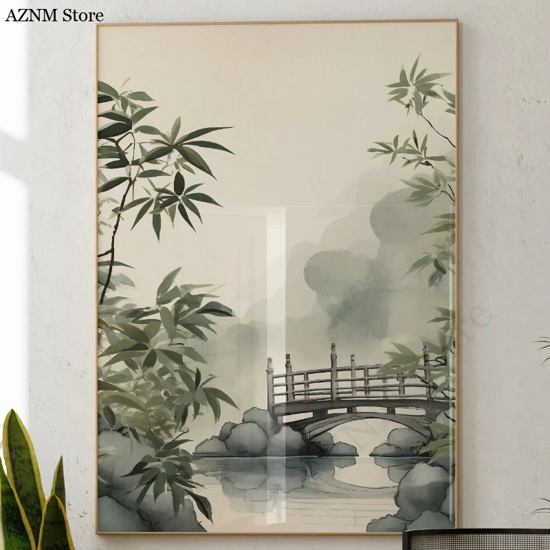 Japandi Wall Art Minimal Botanical Minimalist Japanese Bamboo Forest Crane Nature Print: Zen Stream,  Print in Neutral Tones