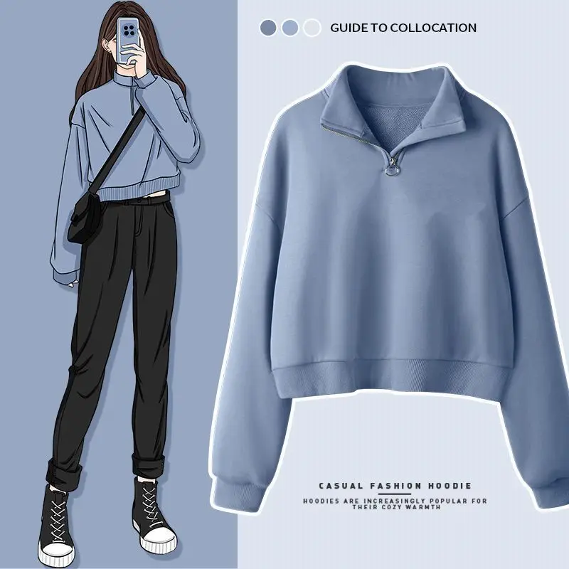 Sudaderas de moda de Color liso con media cremallera para mujer, suéter corto coreano holgado con cuello vuelto clásico que combina con todo,