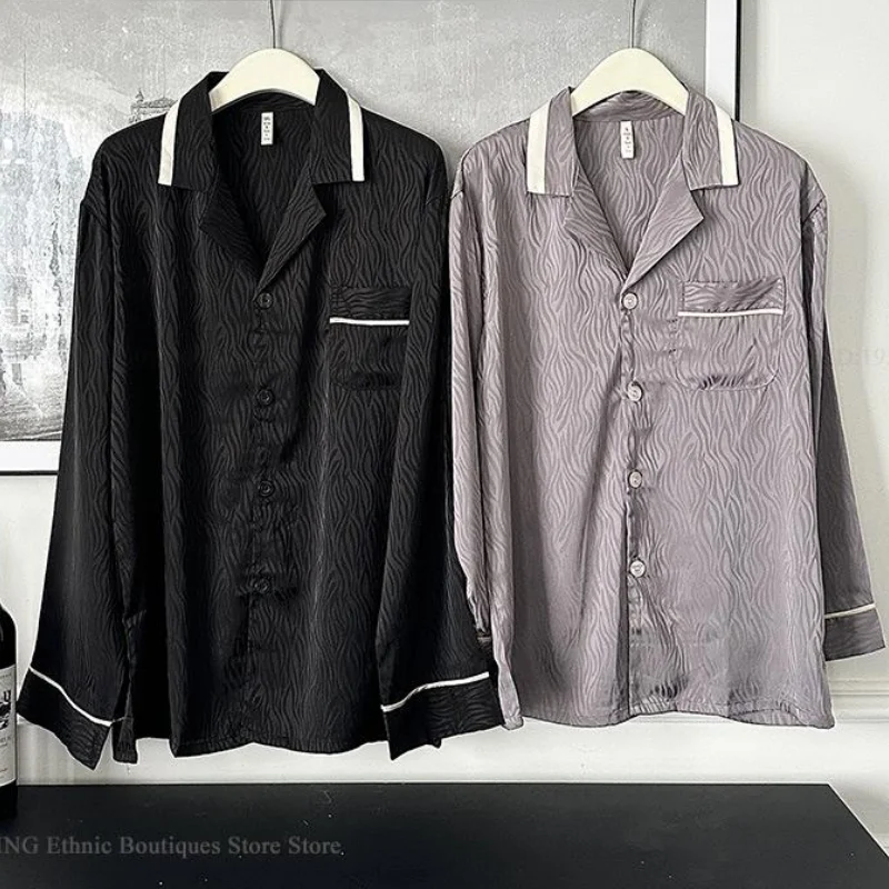 

Men's Long Sleeve Pajamas Set Home Clothes Silky Satin Sleepwear Pijamas Trouser Suits Spring Autumn Male Nightwear Lounge Wear