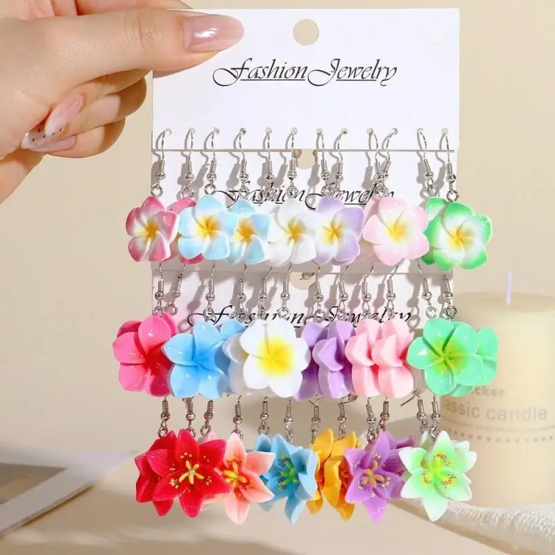 6/18Pairs Flower Drop Earring Set, Colorful Hawaiian Plumeria Dangle Earrings, Lightweight Jewelry for Summer Party Wear