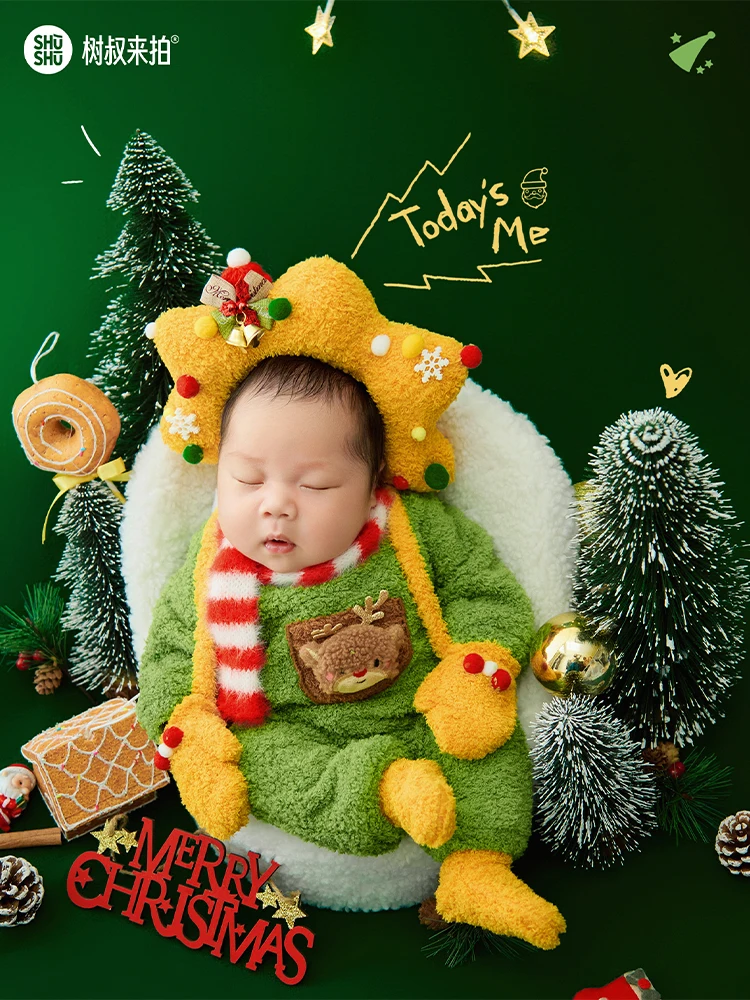 新生児クリスマス写真撮影衣装かわいいクリスマスヘッドバンド + ジャンプスーツ + 手袋 + スカーフ + 靴下ベビーコスチュームキットスタジオベビー撮影小道具