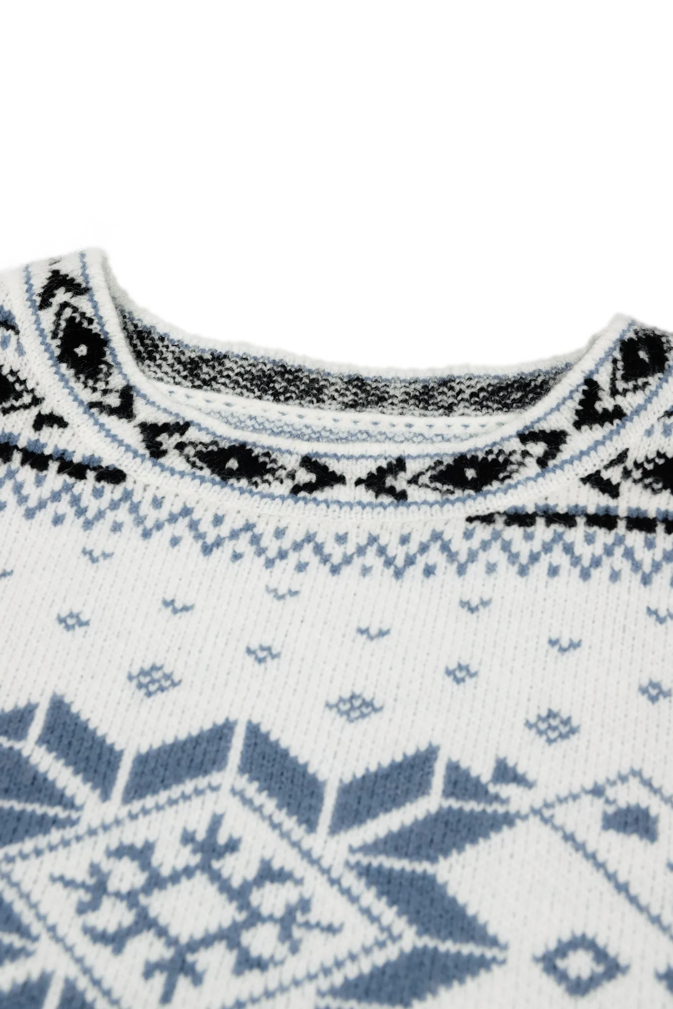 Damen Weiß-Blauer Fair-Isle-Muster Rundhals-Strickpullover Lässiger Oversize-Weihnachtspullover