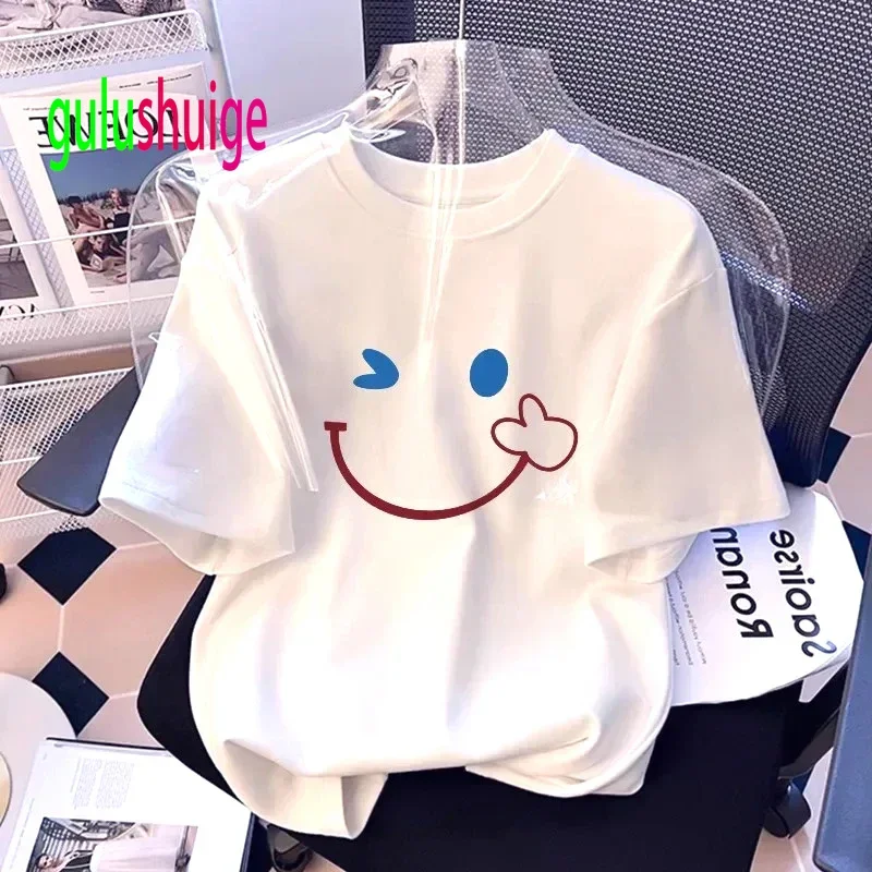 Cute Rabbit Smiling Face Print Women's T-shirt Popular Korean Style Fashion Tshirt Casual Funny Tops Clothes Female Outfit Daily