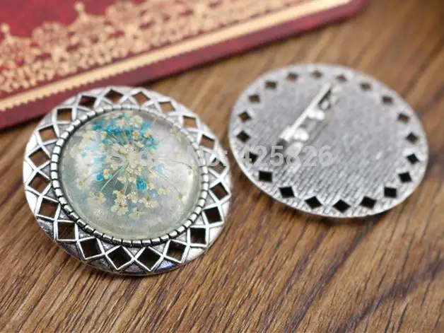 New Fashion 5pcs 25mm Inner Size Antique Silver Plated Bronze Brooch Pierced Style Cabochon Base Setting