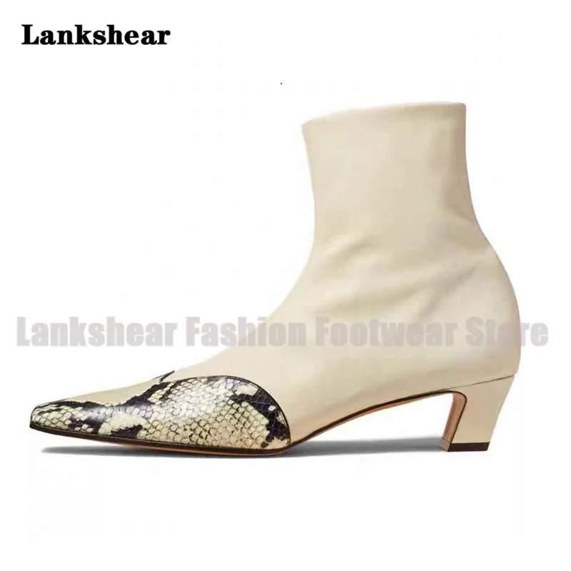 

Square Toe Snake Pattern Ankle Boots Chunky Heels Side Zipper Boots Designer Booties Women's High Increase Shoes Botas Mujer