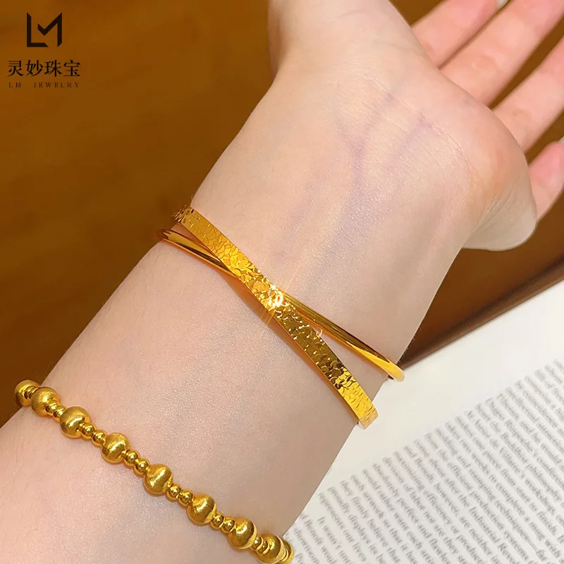 

Браслет из 24-каратного золота 9999 пробы с эффектом дробленого льда, двойное кольцо, глянцевый, с ЧПУ-обработкой, многослойный, простой дизайн.