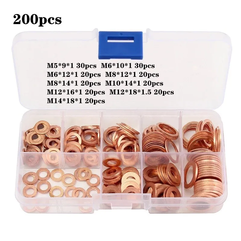 200Pcs Copper Washers O Ring Copper Gaskets Flat Ring Seal Kit Assortment Car Copper Sealing Rings With Case