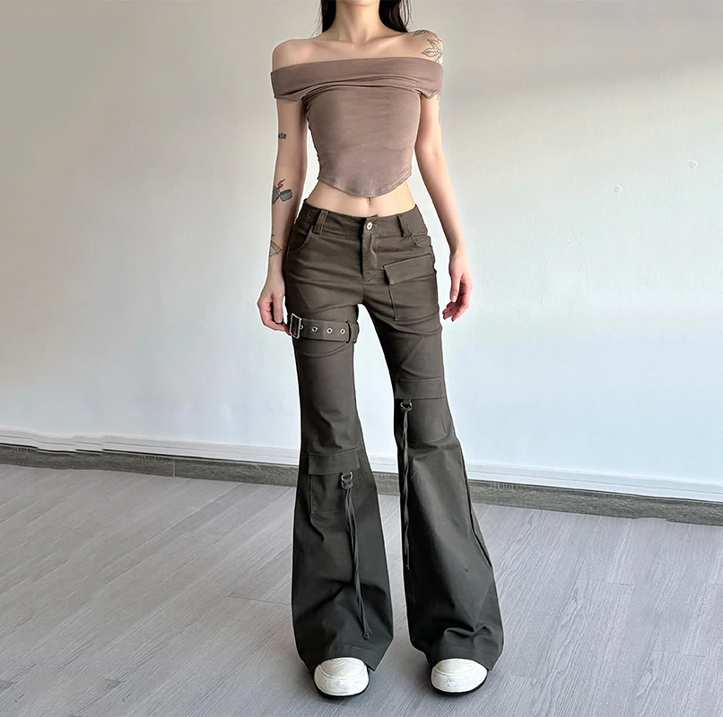 Korean Style Slim Fit Micro Flared Pants Leggings Asymmetrical Straps Fashionable Casual High Waisted Pants Spring Summer New