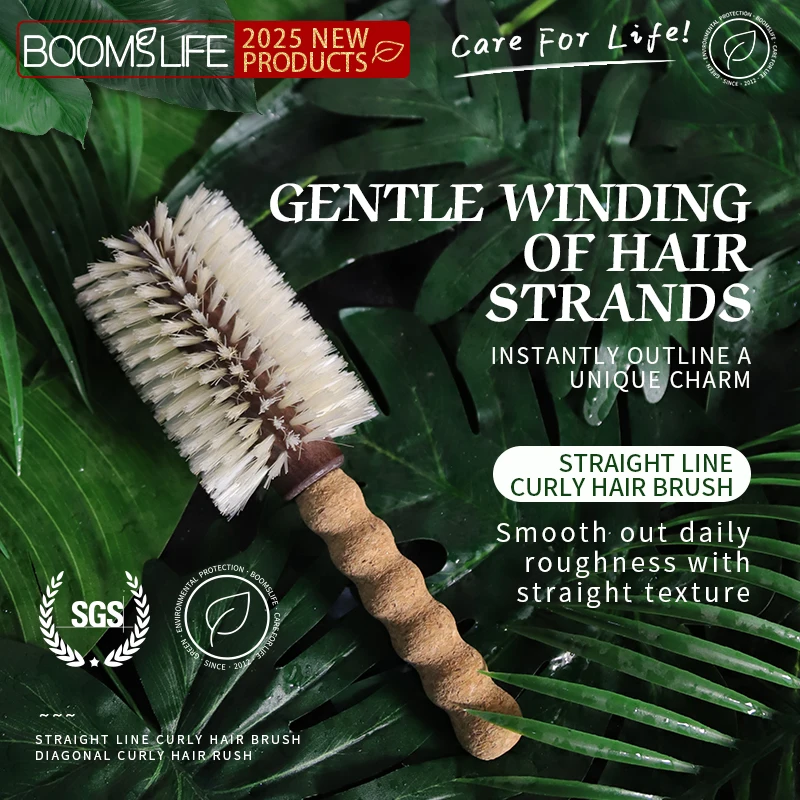BOOMSLIFE Personalized Name Cork Handle Round Barrel Hair Comb For Curling Boar Bristles Round Hair Brush Roller Wooden Comb