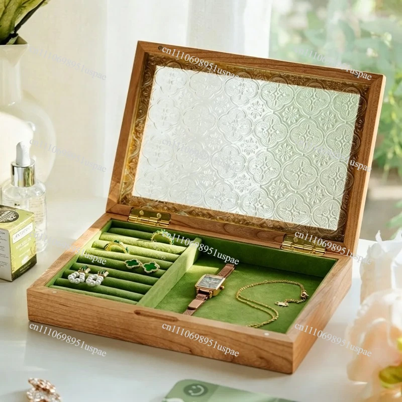 Solid Wood Jewelry Box Glass Lid Necklace Ring Storage Display Case Christmas Gift Jewelry Organizer for Home