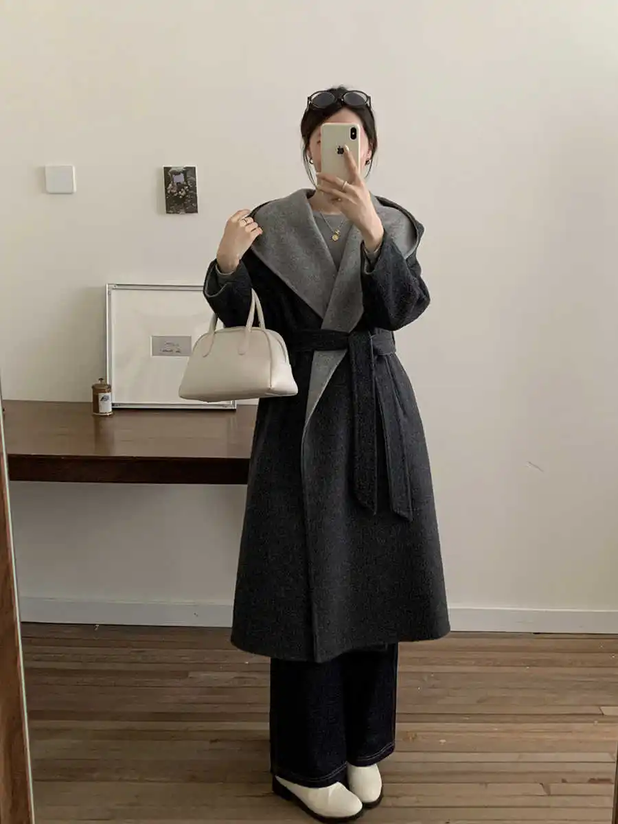 High End Quality Cashmere Coat Women'S Autumn And Winter New Handmade Double-Sided Woolen Contrasting Hooded Long Jacket