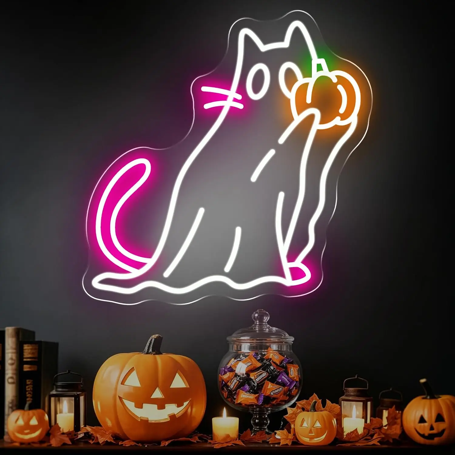 Cute Cat Neon Sign Halloween LED Glowing Sign for Party Bar Bedroom Gaming Room Window Wall Decor USB Powered Neon Light Gift