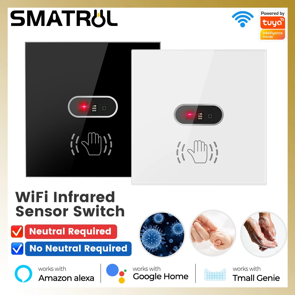 SMATRUL Tuya Smart WiFi Hand Wave Switch Touchless Infrared Single Live Wire Neutral Wall Switch Alexa Google Home
