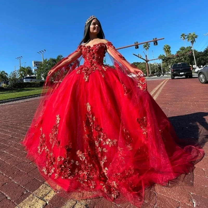 

Красное платье Quinceanera, бальное платье для девочек, расшитое блестками, кружевное платье из тюля с накидкой и шлейфом, платье принцессы Vestidos De 15