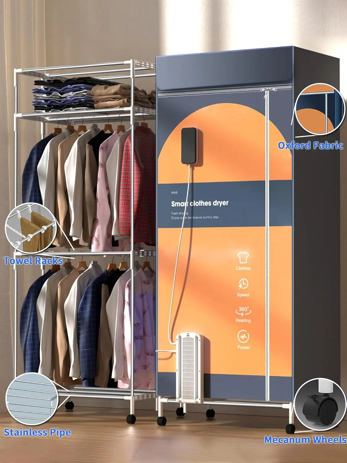 휴대용 110V 1600W 의류 건조기, 아파트, 실내, 여행, RV용 67' 3단 접이식 건조대