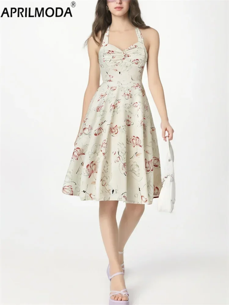 

1950s Plaid High Waist Halter Vintage Casual Sexy Dress Floral Print Women Elegant Big Swing Pinup Flare Rockabilly Dance Dress