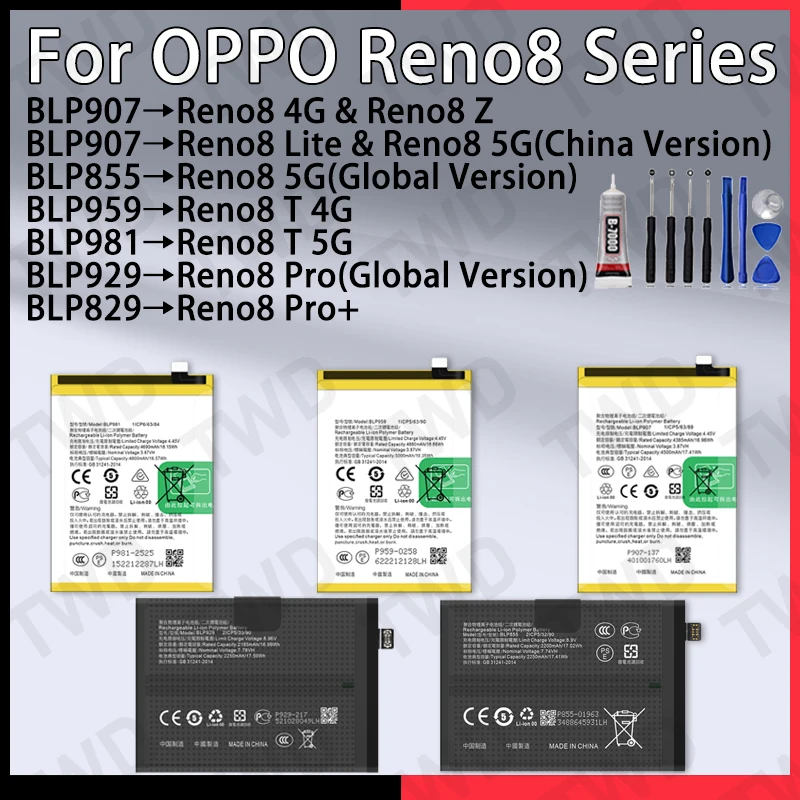

Replacement Battery for OPPO Reno8 Pro Plus 5G 4G Reno 8 T Z Lite Global China Version High Capacity Bateria +Free Tools
