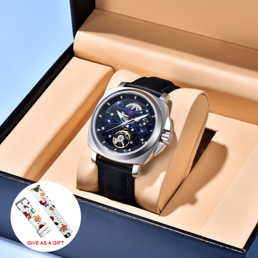 PAGANI DESIGN Orologio sportivo meccanico automatico da uomo Orologio da uomo quadrato in pelle di moda impermeabile luminoso regalo per festival + scatola