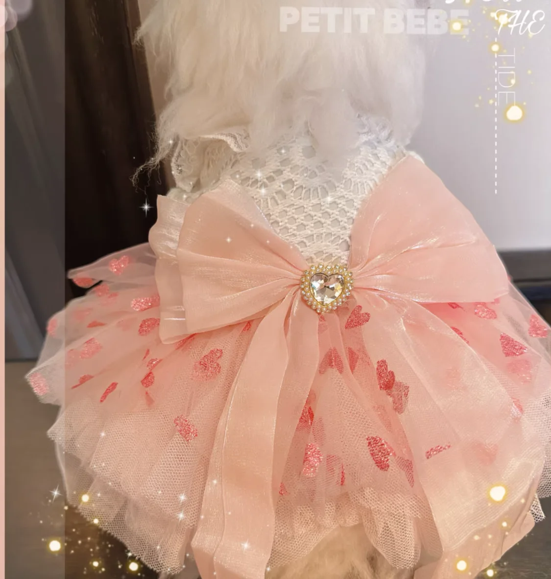 

Luxury Pink Sweetheart Dog Princess Dress, Big Bow Lace Evening Gown with Heart Diamond for Small Dogs