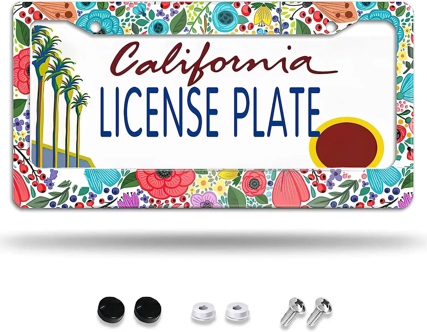 Boho Flowers License Plate Frame Aluminum Car Plates Tag Frames License Plate Frames for Women Gift, US Standard 12x6 Inch