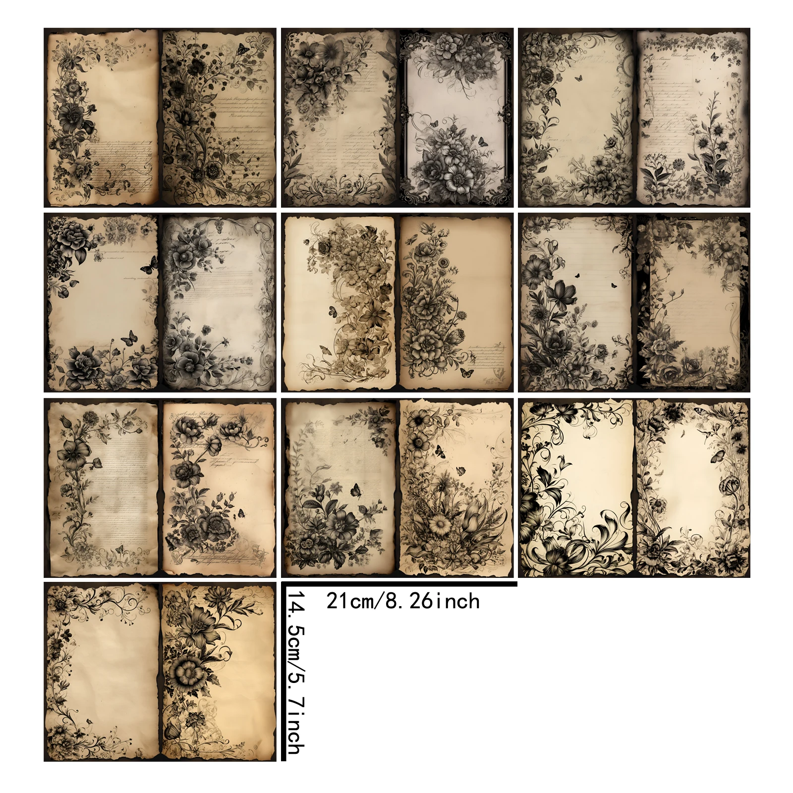 10 Sheets A5 Size Vintage Gothic Dark Lace Flowers Background Vintage Grunge Journal Planning Scrapbooking