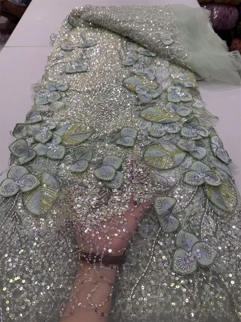 2025 Handmade Beads Lace Fabric France Sequin Embroidery 3D Bead Lace Fabric Nigerian Bridal Mesh Lace Fabric For Sewing Hm141-1